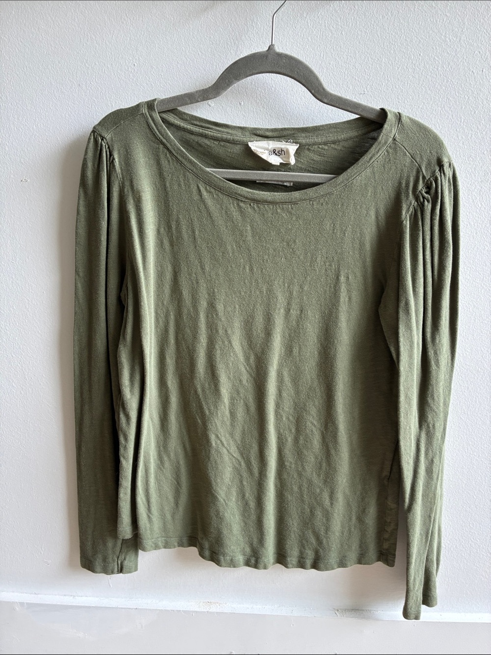 ba&sh Olive Green Long Sleeve Crewneck Top with Shoulder Pleats